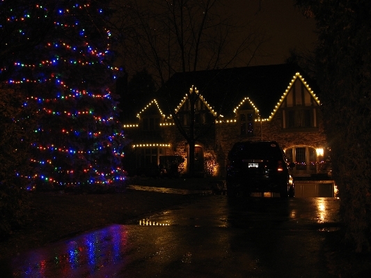 50 ft Christmas tree with multi colour lights and Warm white C9 bulbs on house